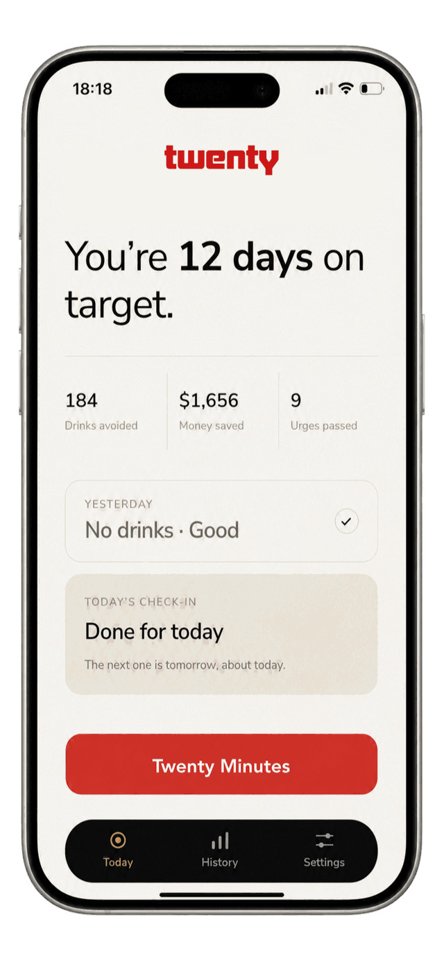 The TWENTY app showing a twelve day streak, drinks avoided, money saved and a Twenty Minutes button.